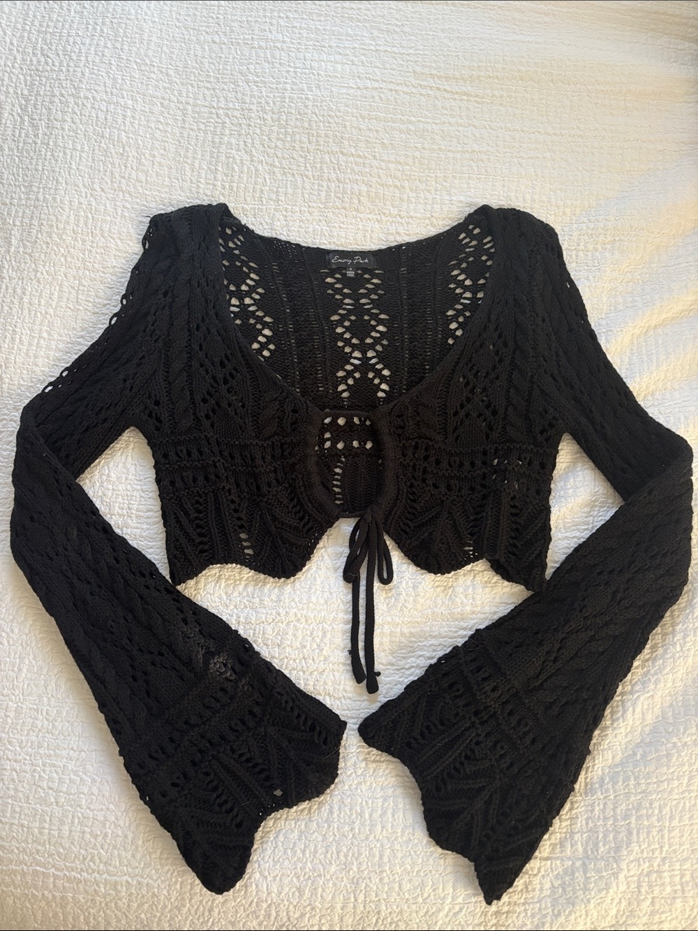 Free People Black Crochet Tie-Front Cropped Cardigan